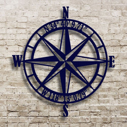 Nautical Compass Rose Metal Wall Art with GPS Coordinates